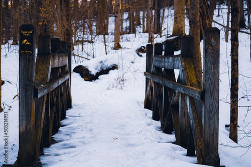 Chesterland, Ohio, USA - 2-21-22: A small bridge in the Bessie Benner Metzenbaum Park