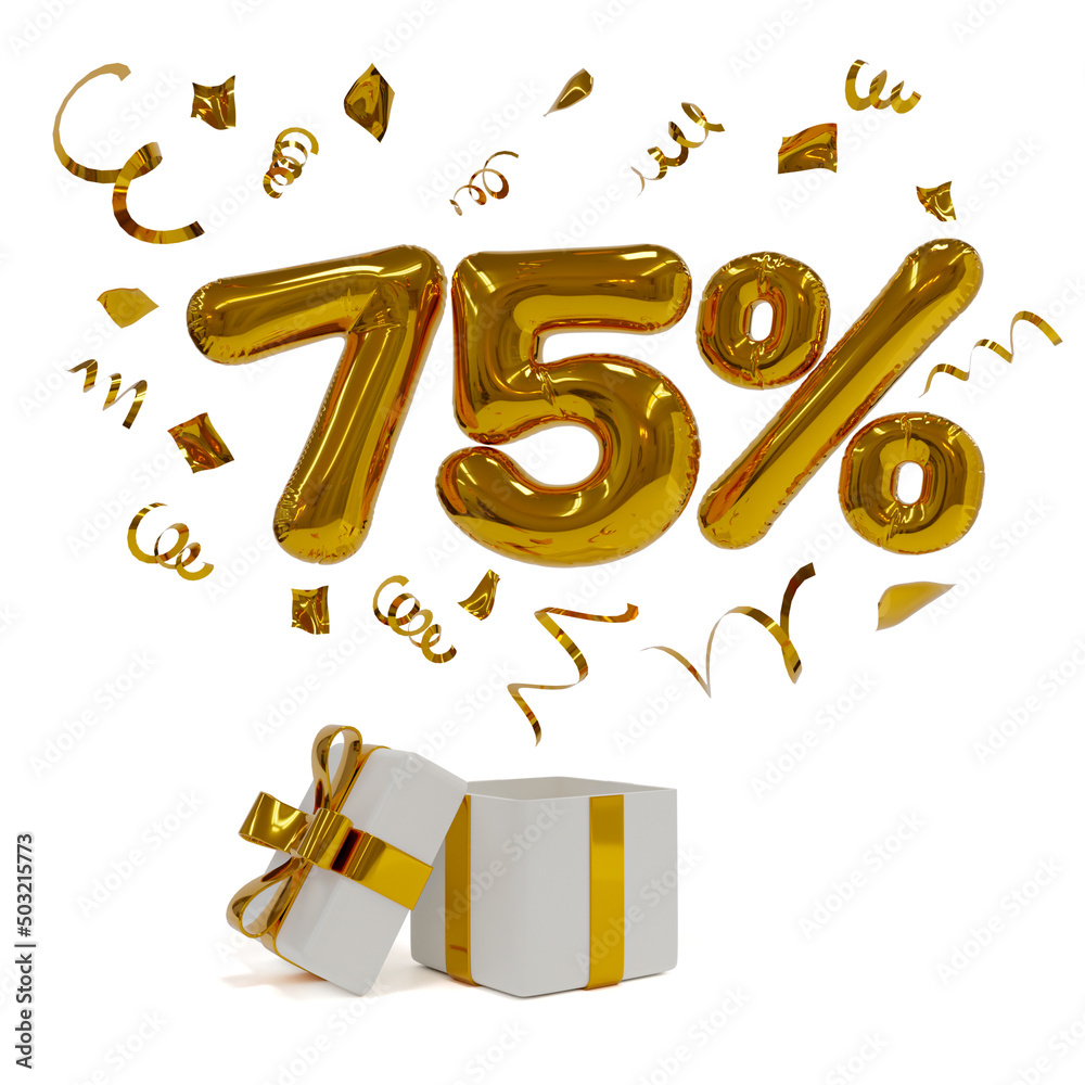 Fototapeta premium 75 off discount promotion sale. 3D golden balloons with confetti and gift box. 