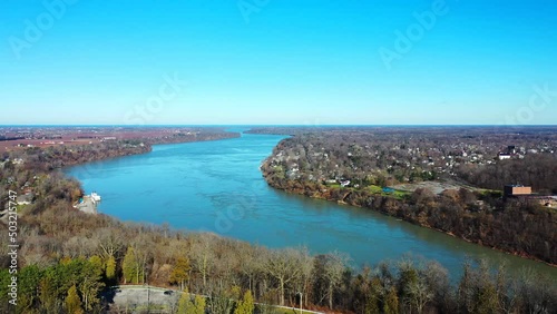 Aerial pan of Niagara River towards Lake Erie, Canada 4K