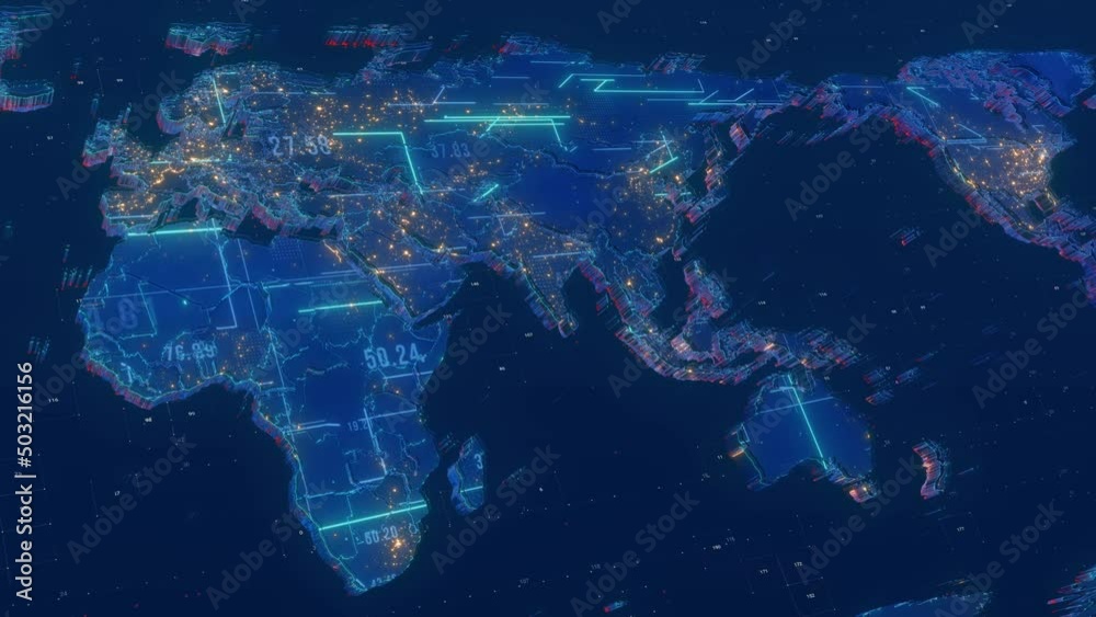 Digital world map animation, blue high tech map background.