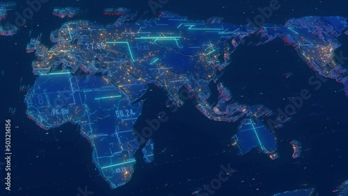 Digital world map animation, blue high tech map background.