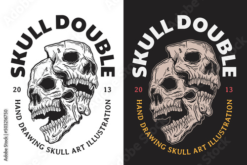 Set Skull Mask Dark illustration Beast Skull Bones Head Hand drawn Hatching Outline Symbol Tattoo Merchandise T-shirt Merch vintage
