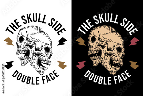 Set Skull Double Face Dark illustration Beast Skull Bones Head Hand drawn Hatching Outline Symbol Tattoo Merchandise T-shirt Merch vintage