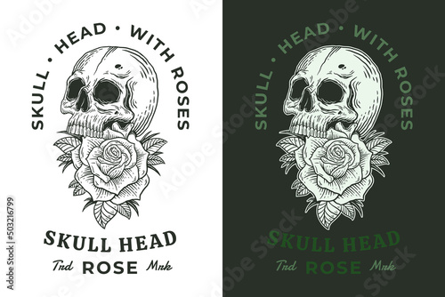Set Skull Rose Dark illustration Beast Skull Bones Head Hand drawn Hatching Outline Symbol Tattoo Merchandise T-shirt Merch vintage