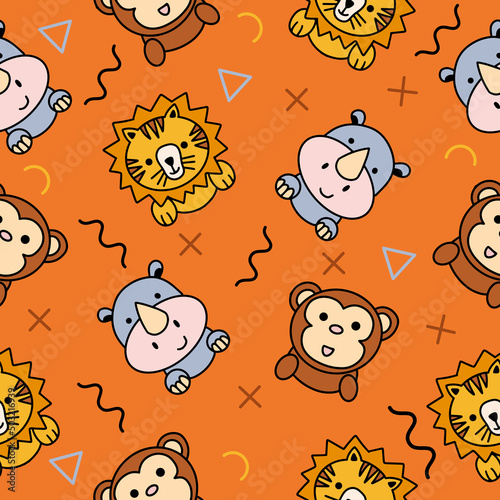 Cute Animal Lion Rhino and Monkey Seamless Pattern doodle for Kids and baby