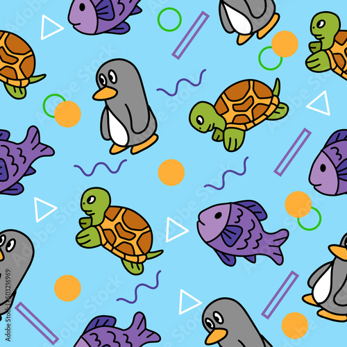 Cute Animal Penguin Turtle and Fish Seamless Pattern doodle for Kids and baby © morspective