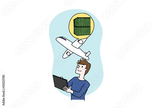 飛行機で荷物を送る男性　ITソリューションで物流をコントロールする　温かみのある手書きの人物