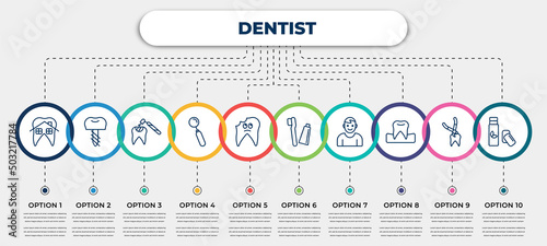 vector infographic template with icons and 10 options or steps. infographic for dentist concept. included dental house, dental prosthesis, tooth filling, mouth mirror, cavities, toothbrushes,