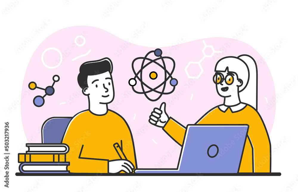 Obraz premium Young scientists concept. Man and girl near laptop discussing theory and structure of substances. Characters in laboratory come up with experiments, innovations. Cartoon flat vector illustration
