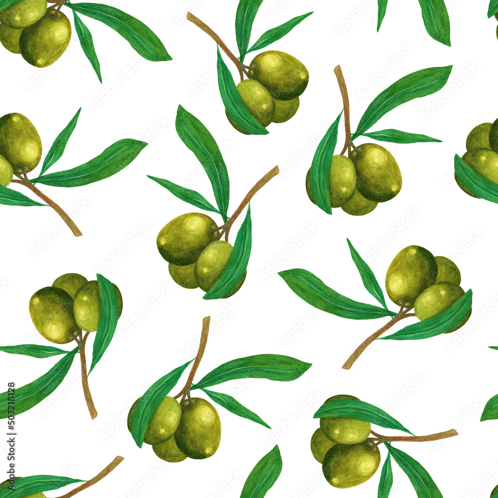 Olive branch seamless watercolor pattern. Ripe green fruits and leaves on sprig of mediterranean tree. Botanical sketch, healthy food. Hand drawn illustration isolated on white background