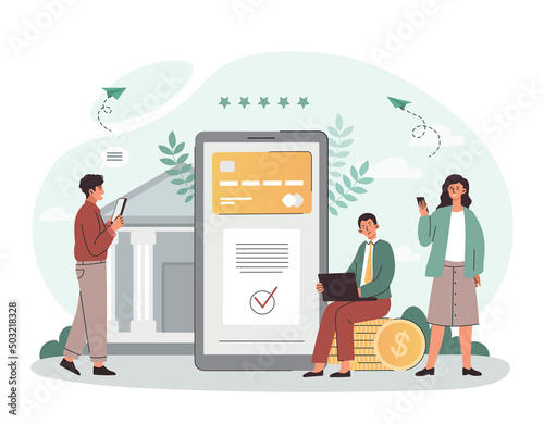 Mobile banking concept. Men and girls transfer money to each other. Modern technologies and digital world, electronic transactions and cashless transactions. Cartoon flat vector illustration