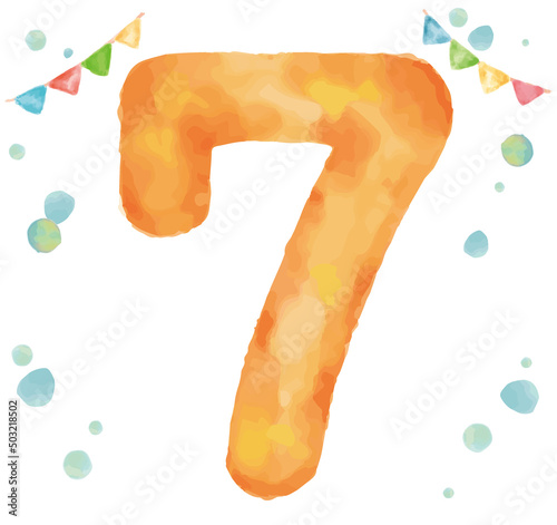 水彩画風、数字の7。ベクターイラスト素材。