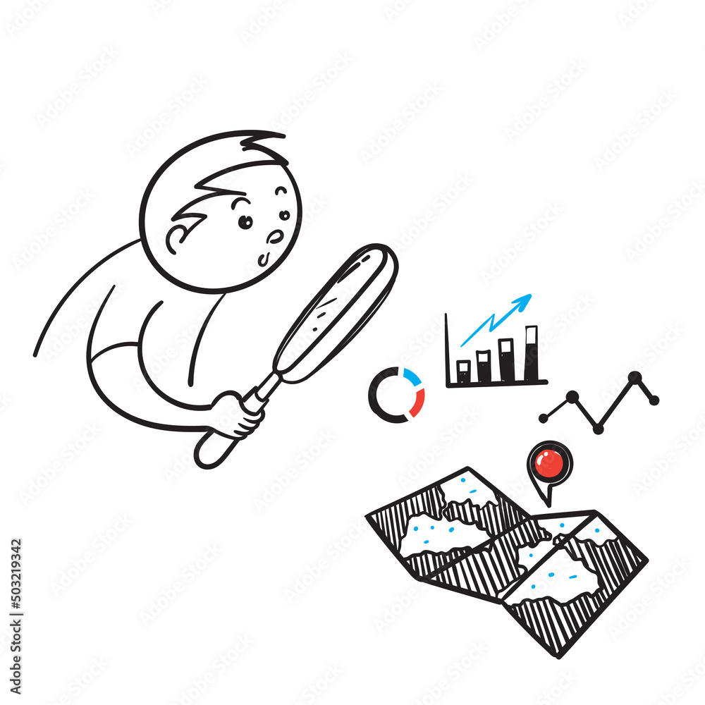 hand drawn doodle man holding magnifying glass analyze graph and chart illustration hand drawn doodle man holding magnifying glass analyze graph and chart illustration