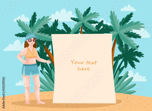 A girl in a top and shorts stands on the beach near a blank poster. Drawn in cartoon style. Vector illustration for designs, prints, patterns. Summer landscape in the background