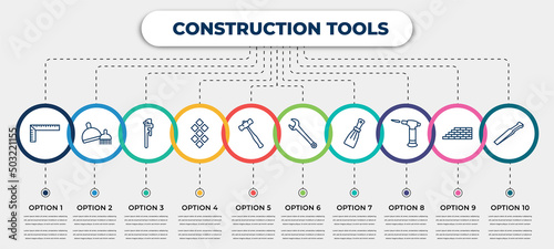 vector infographic template with icons and 10 options or steps. infographic for construction tools concept. included school ruler, dustpan and brush, clipper, tiles, sledge hammer, repair wrench,