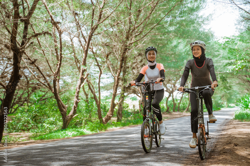two women cycling on a road with lots of trees in the morning two women cycling on a road with lots of trees in the morning