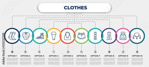 vector infographic template with icons and 10 options or steps. infographic for clothes concept. included women socks, denim shirt, gladiator sandal, peplum skirt, hobo bag, denim shorts, jumpsuit,