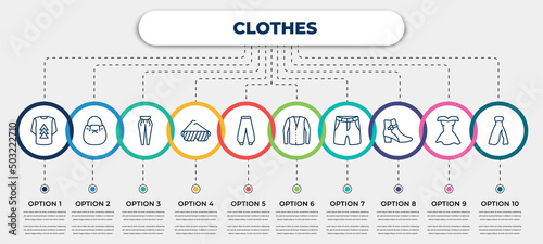 vector infographic template with icons and 10 options or steps. infographic for clothes concept. included t shirt with de, bucket bag, pegged pants, shutter sunglasses, harem pants, cotton cardigan,