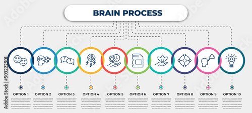 vector infographic template with icons and 10 options or steps. infographic for brain process concept. included feelings, perception, questions, brainstorm, time management, memory, relax,