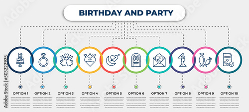 vector infographic template with icons and 10 options or steps. infographic for birthday and party concept. included birthday, ring, wedding bells, just married, honeymoon, jukebox, wedding
