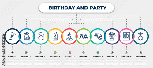 vector infographic template with icons and 10 options or steps. infographic for birthday and party concept. included love key, wedding car, wedding altar, wedding letter, birthday boy, couple, happy
