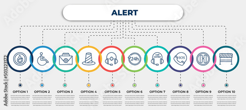 vector infographic template with icons and 10 options or steps. infographic for alert concept. included fire button, handicap, kit, bollard, medical support, 24h, call center, sos, road blockade.