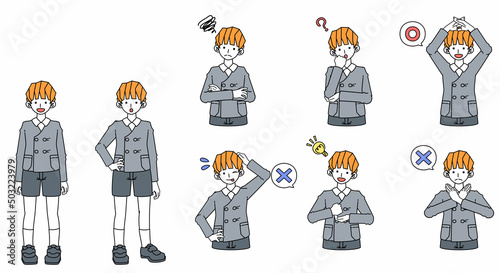 色々なポーズをする制服を着た少年のイラスト