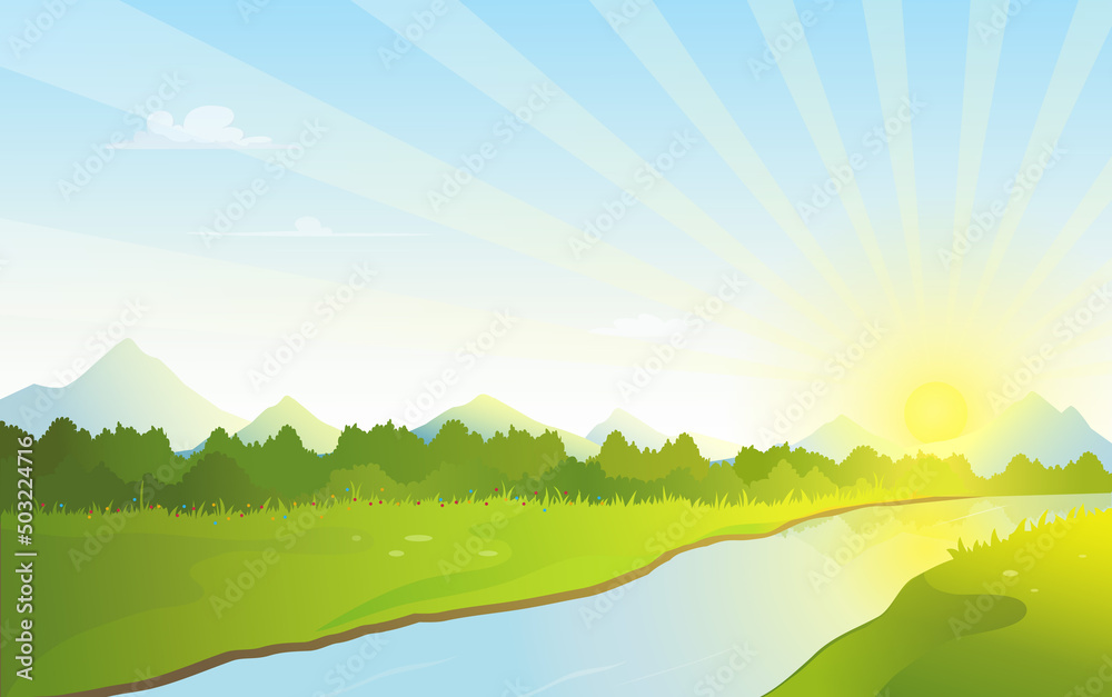 Nature landscape of riverside during sunrise on horizon, mountains and river scenery vector illustration.