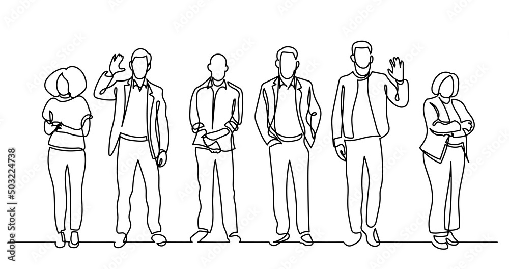 continuous line drawing of diverse group of standing people continuous line drawing of diverse group of standing people