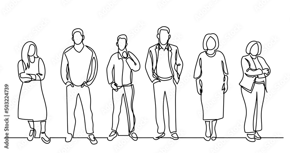 continuous line drawing of diverse group of standing people continuous line drawing of diverse group of standing people