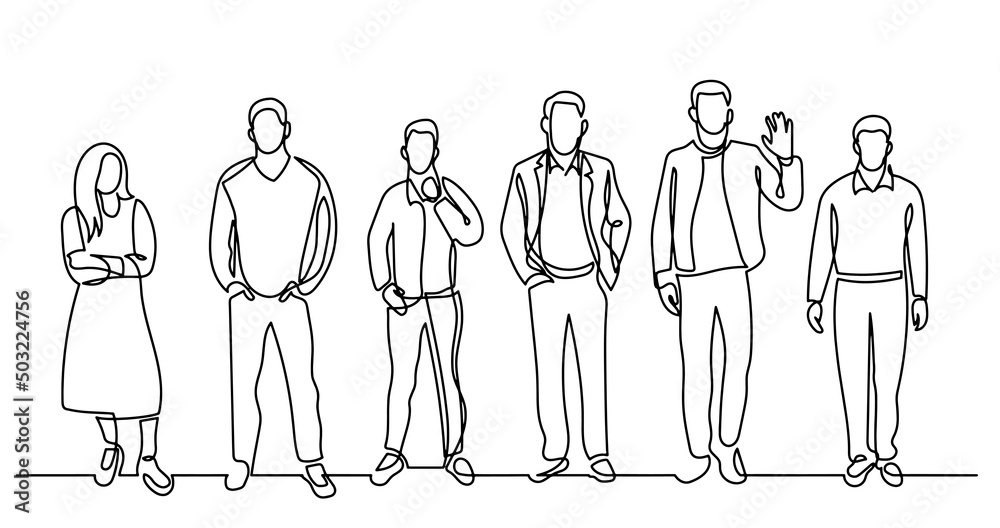 continuous line drawing of diverse group of standing people continuous line drawing of diverse group of standing people