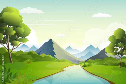 Nature landscape of riverside with mountain range on horizon, green bushes and river scenery vector illustration.