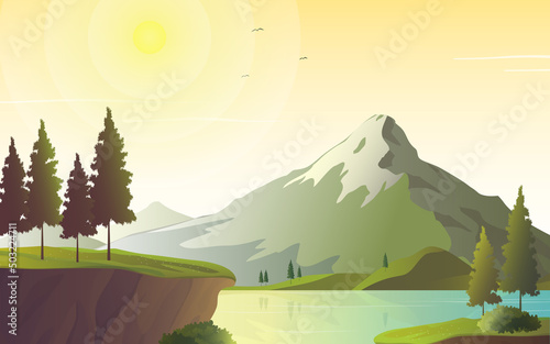 Nature landscape of lakeside with sunlight and mountain vector illustration.