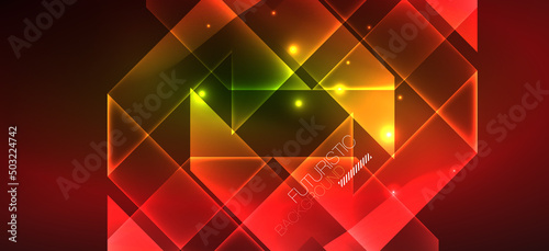 Background neon glowing lines and geometric shapes. Lights in the dark wallpaper for concept of AI technology, blockchain, digital, communication, 5G, science