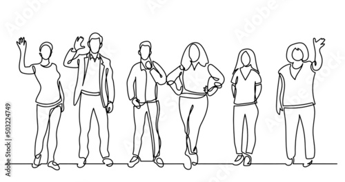 continuous line drawing of diverse group of standing people