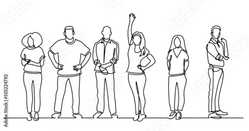 continuous line drawing of diverse group of standing people