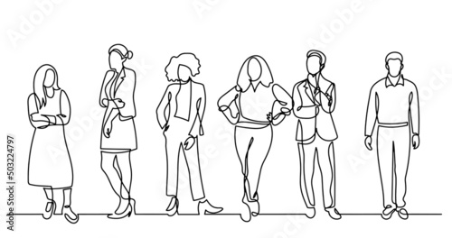 continuous line drawing of diverse group of standing people