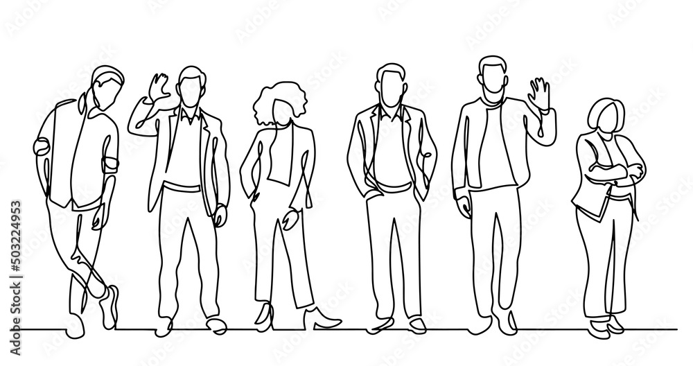 continuous line drawing of diverse group of standing people continuous line drawing of diverse group of standing people