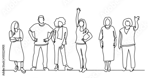 continuous line drawing of diverse group of standing people
