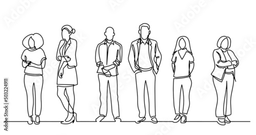 continuous line drawing of diverse group of standing people