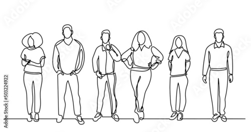 continuous line drawing of diverse group of standing people