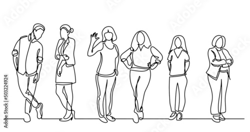 continuous line drawing of diverse group of standing people