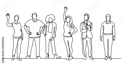 continuous line drawing of diverse group of standing people