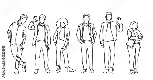continuous line drawing of diverse group of standing people
