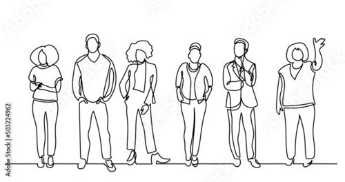 continuous line drawing of diverse group of standing people
