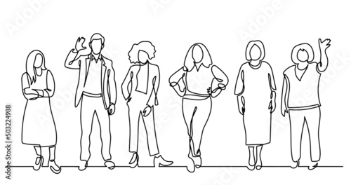 continuous line drawing of diverse group of standing people