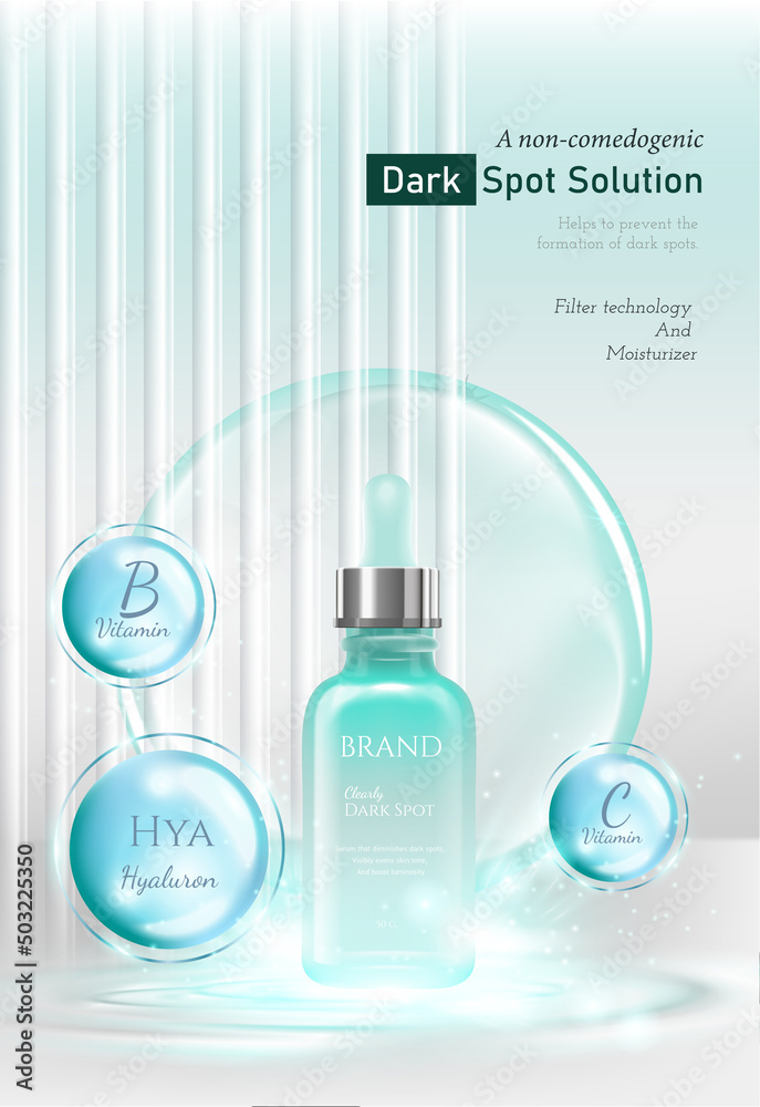 Cosmetic set ads, luxury blue package design on light blue background with molecule glittering bokeh and bubbles in 3d illustration Cosmetic set ads, luxury blue package design on light blue background with molecule glittering bokeh and bubbles in 3d illustration