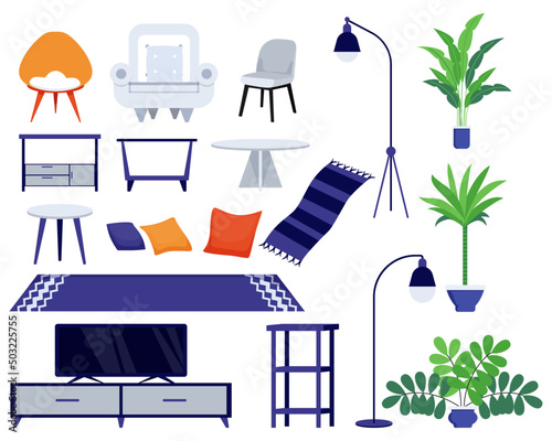 Modern cute living room furniture set with different furnitures chair armchair tv mat pillow cabinet isolated on white background house plant isolated