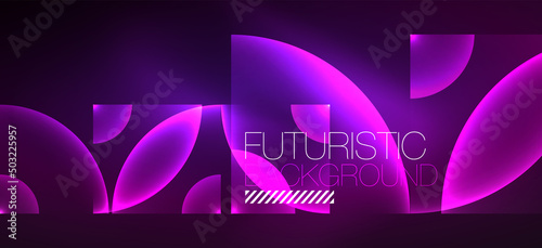 Shiny neon geometric abstract background. Glowing lights on round shapes, triangles and circles. Wallpaper for concept of AI technology, blockchain, communication, 5G, science, business