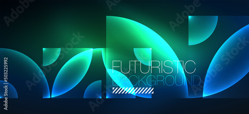 Shiny neon geometric abstract background. Glowing lights on round shapes, triangles and circles. Wallpaper for concept of AI technology, blockchain, communication, 5G, science, business